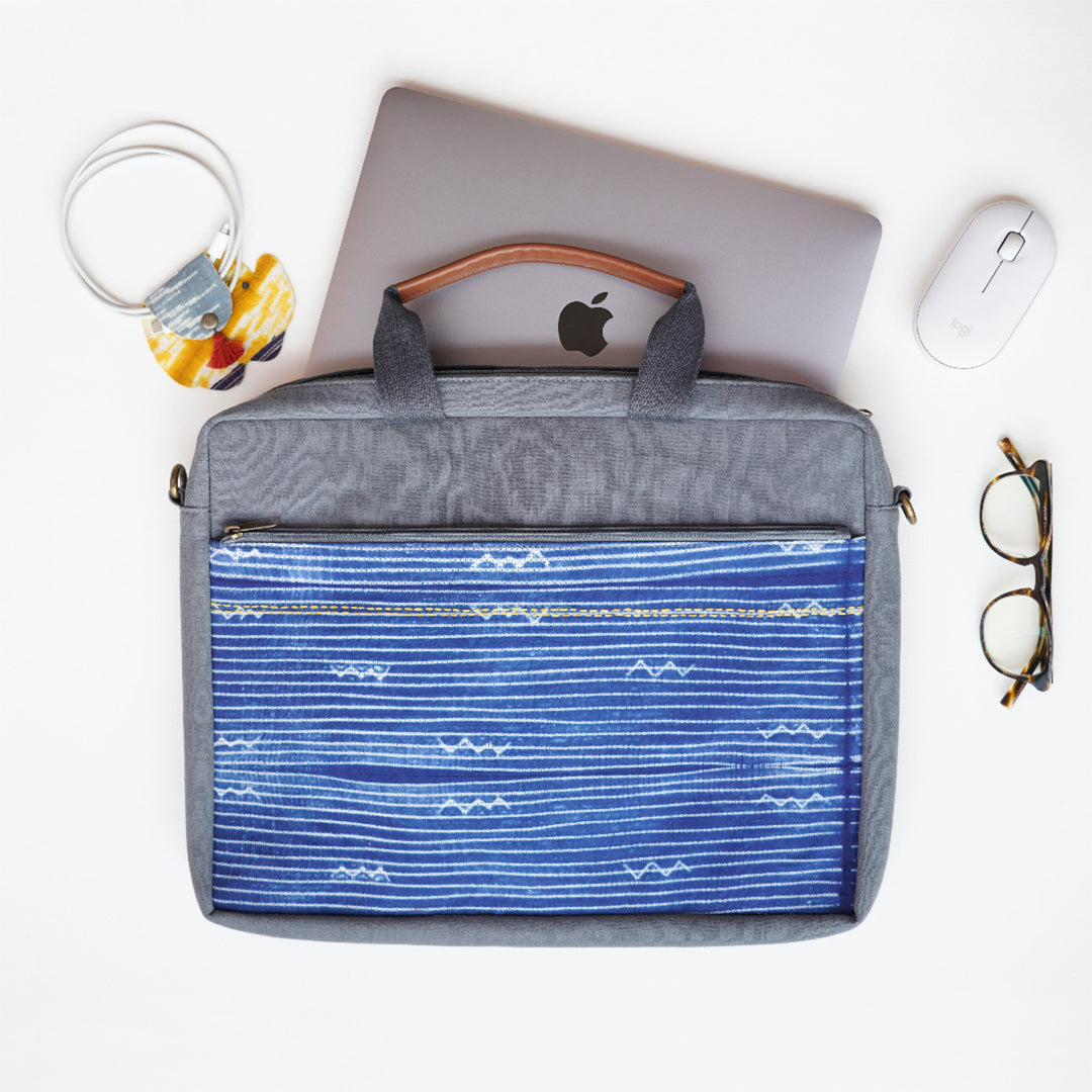 Handcrafted Waterproof Grey Shibori Laptop Bag with Vegan Leather
