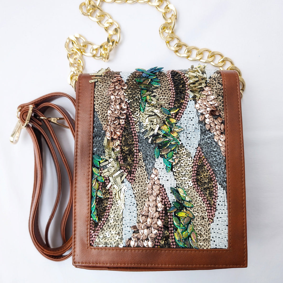 Shimmering Sequins Brown Leather Sling Bag
