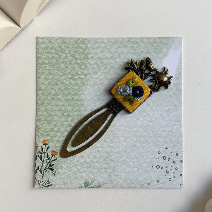 Hand Embroidered Indigo Fleur Bronze Bookmark