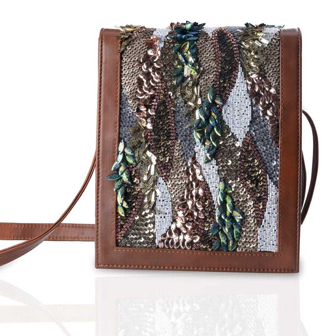 Shimmering Sequins Brown Leather Sling Bag