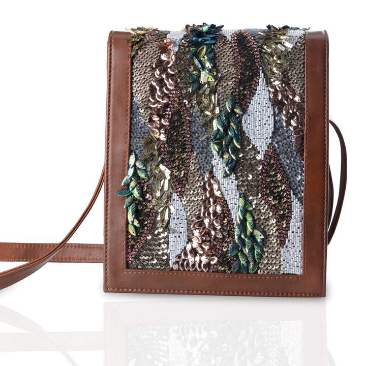 Shimmering Sequins Brown Leather Sling Bag
