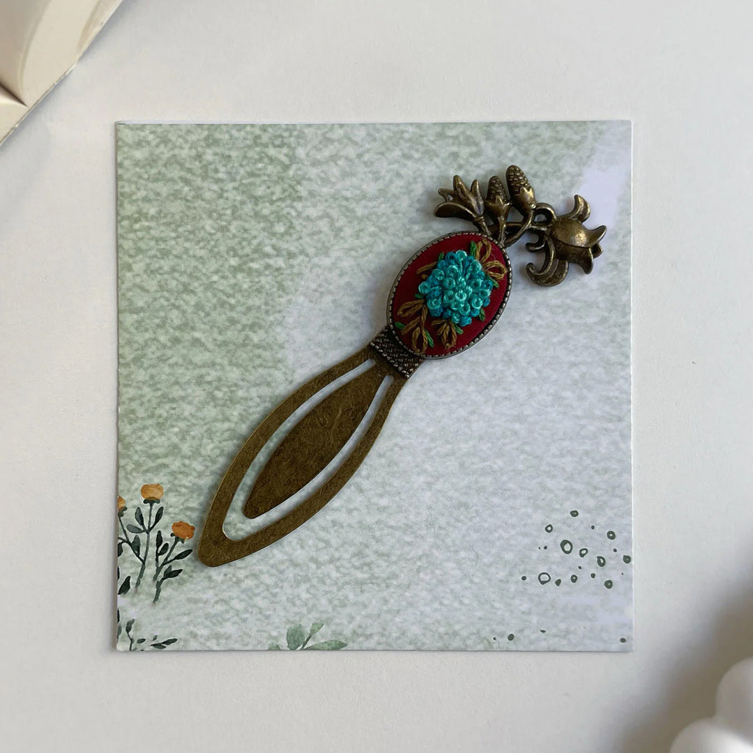 Hand Embroidered Tales In Teal Bronze Bookmark