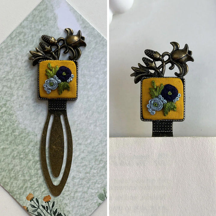 Hand Embroidered Indigo Fleur Bronze Bookmark