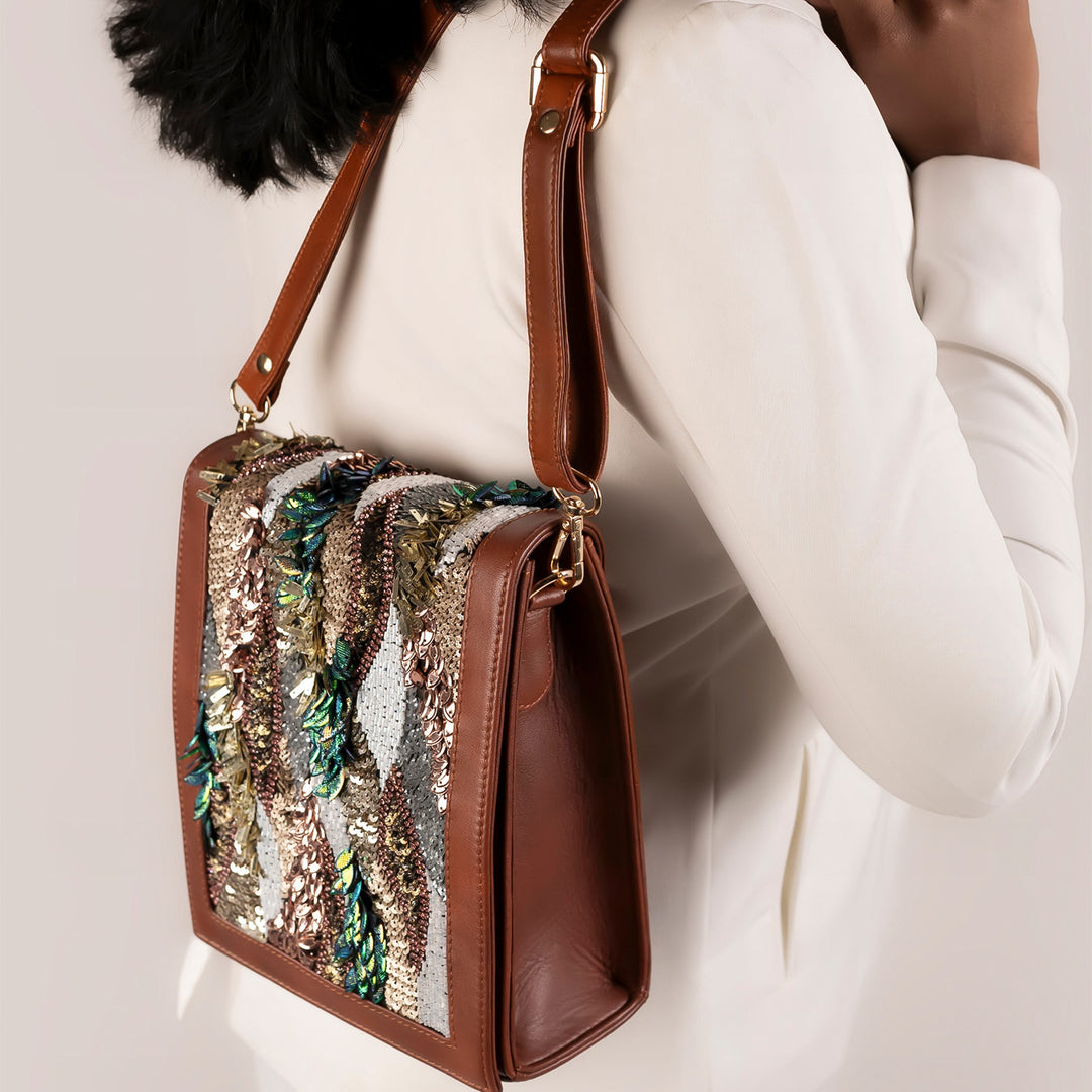 Shimmering Sequins Brown Leather Sling Bag