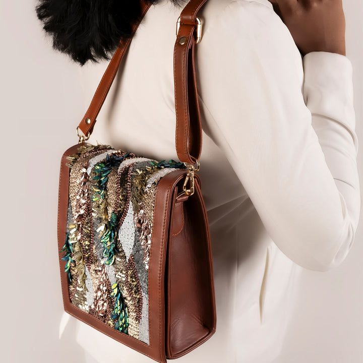 Shimmering Sequins Brown Leather Sling Bag
