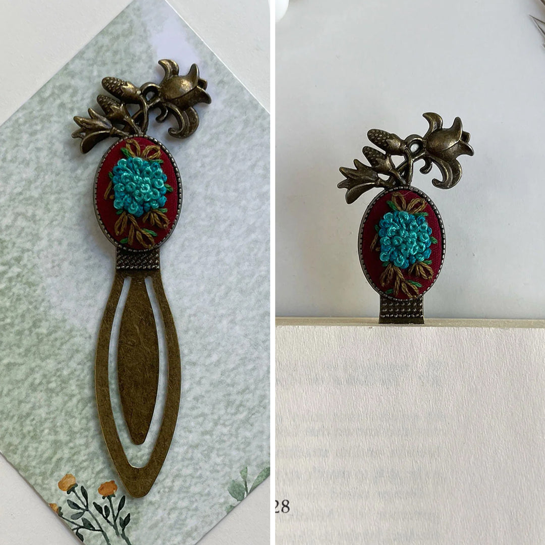 Hand Embroidered Tales In Teal Bronze Bookmark