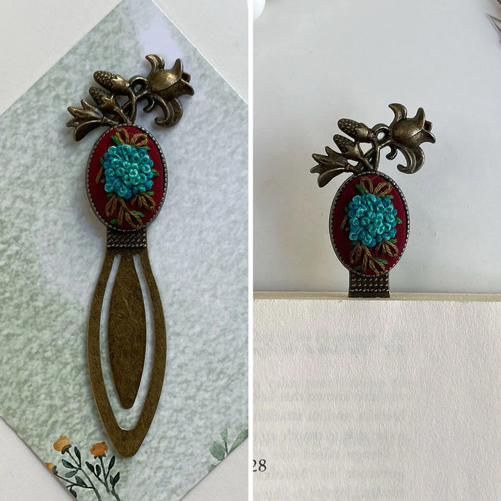 Hand Embroidered Tales In Teal Bronze Bookmark