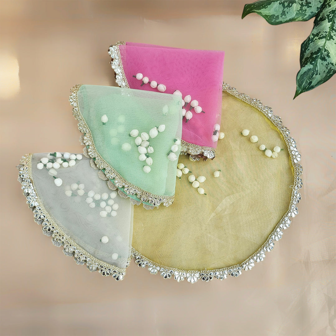 Sheer Net Thali/Tray Cover With Traditional Shola Florals For Festive Decor
