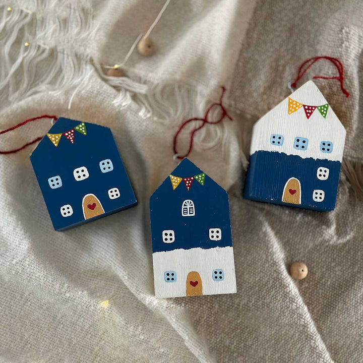 Handcrafted Santorini Miniature Houses Wooden Table Decor For Christmas Decoration | Set Of 3