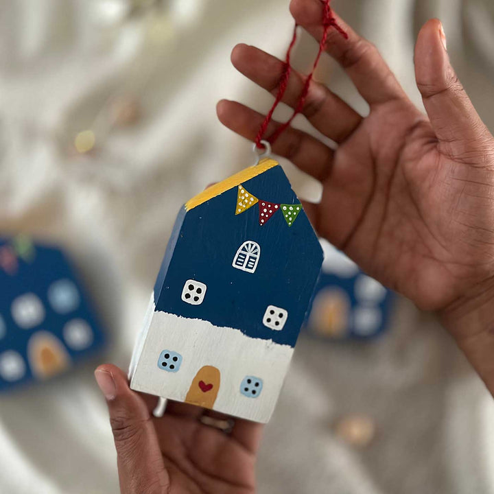 Handcrafted Santorini Miniature Houses Wooden Table Decor For Christmas Decoration | Set Of 3