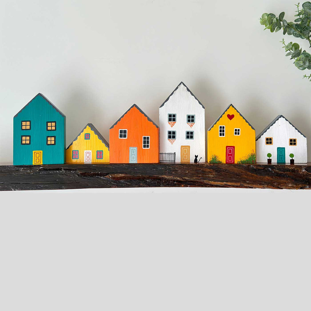 Handcrafted Color Burst Minature Houses Wooden Table Decor For Christmas Decoration | Set Of 5