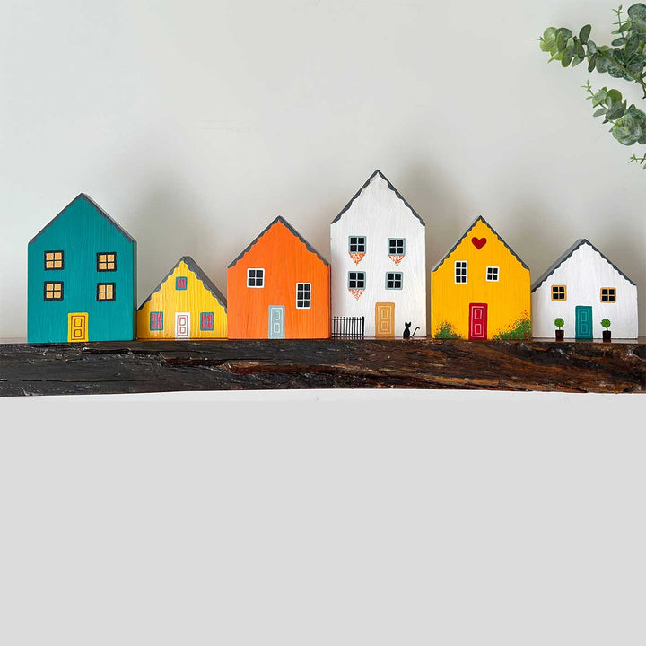 Handcrafted Color Burst Minature Houses Wooden Table Decor For Christmas Decoration | Set Of 5