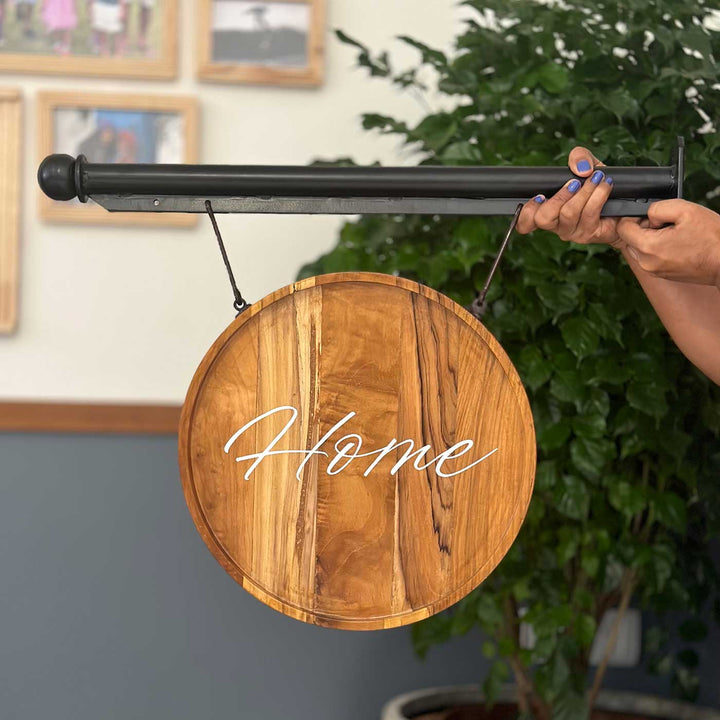 Premium Double Sided Teak Wood Hanging Name Plate With Iron Bracket - Hanging Sign Held Side View