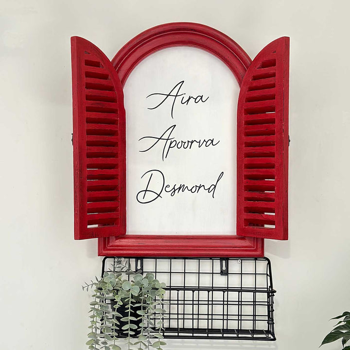 Large Arched Vintage Window Name Plate With Iron Planter Basket - Front View with Open Shutters