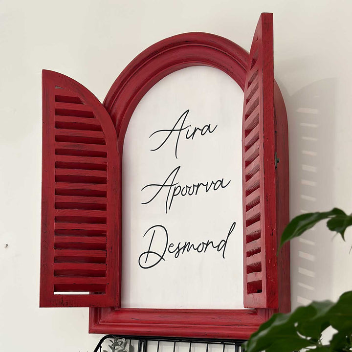 Large Arched Vintage Window Name Plate With Iron Planter Basket - Name Personalization Example