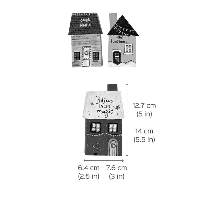 Handcrafted Snowy Xmas Miniature Houses Wooden Table Decor For Christmas Decoration | Set Of 3