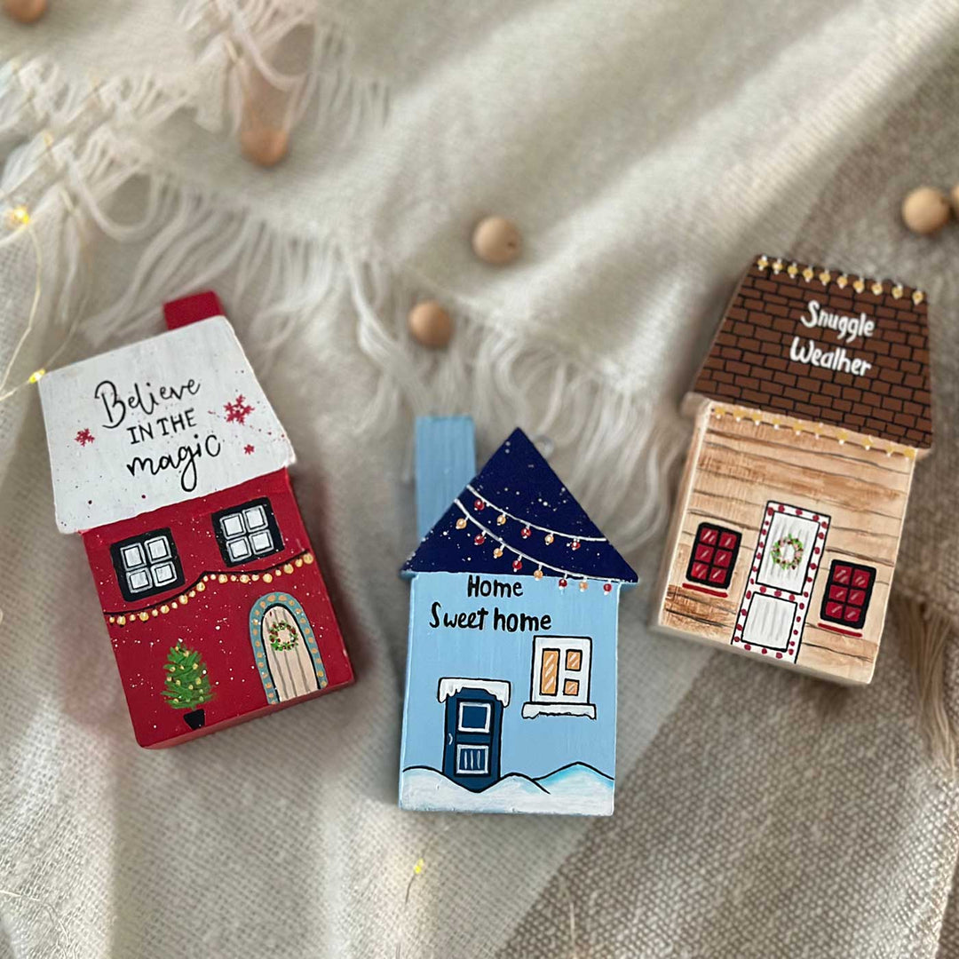 Handcrafted Snowy Xmas Miniature Houses Wooden Table Decor For Christmas Decoration | Set Of 3