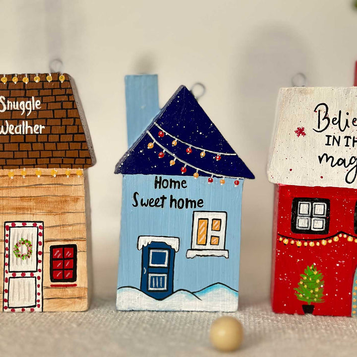 Handcrafted Snowy Xmas Miniature Houses Wooden Table Decor For Christmas Decoration | Set Of 3