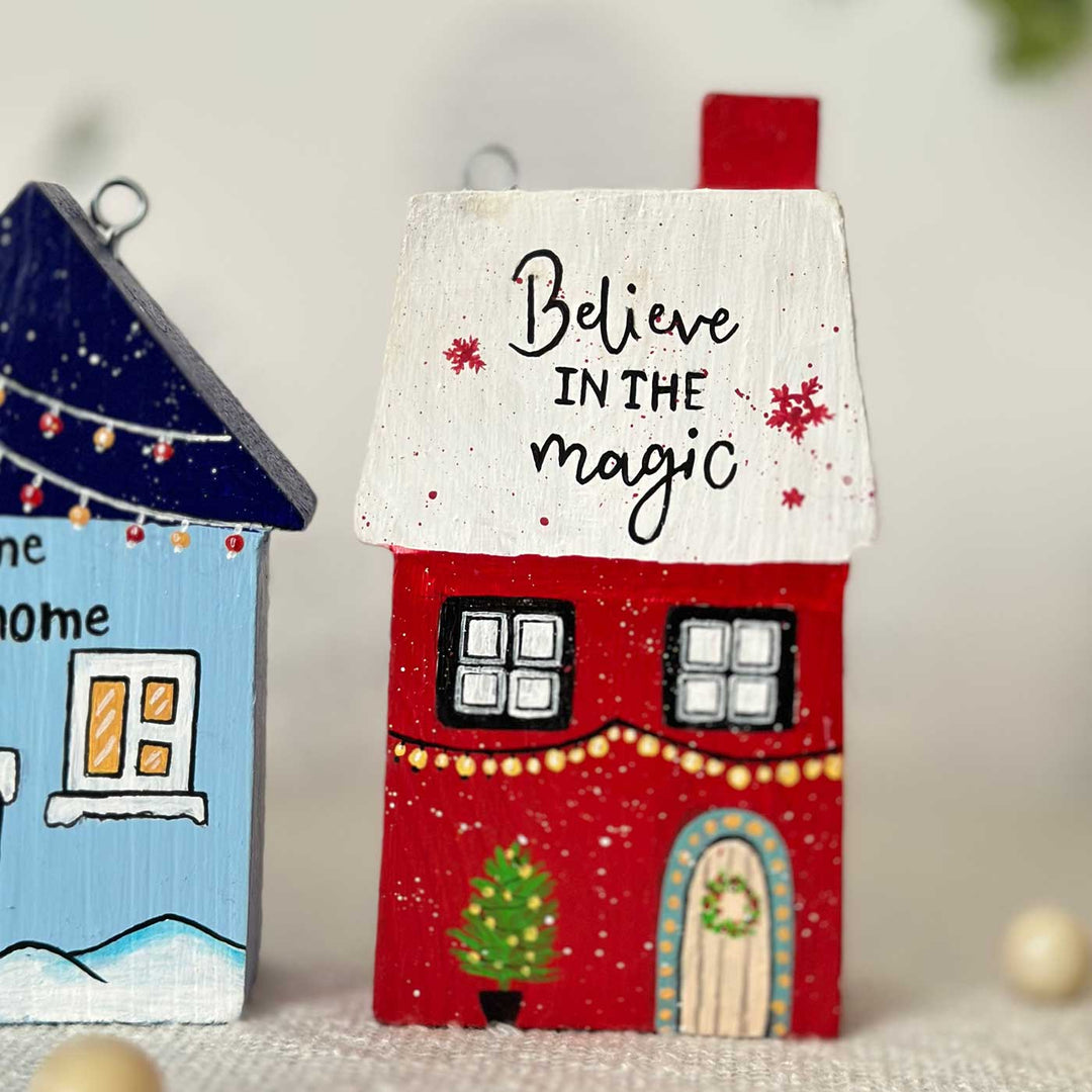 Handcrafted Snowy Xmas Miniature Houses Wooden Table Decor For Christmas Decoration | Set Of 3