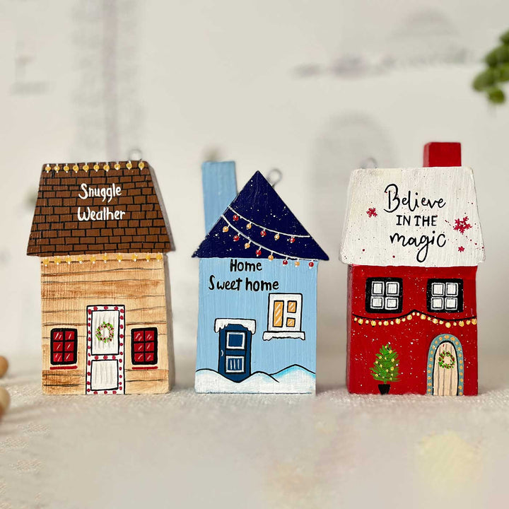 Handcrafted Snowy Xmas Miniature Houses Wooden Table Decor For Christmas Decoration | Set Of 3