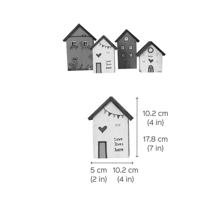 Handcrafted White And Grey Miniature Houses Wooden Table Decor For Christmas Decoration | Set Of 4