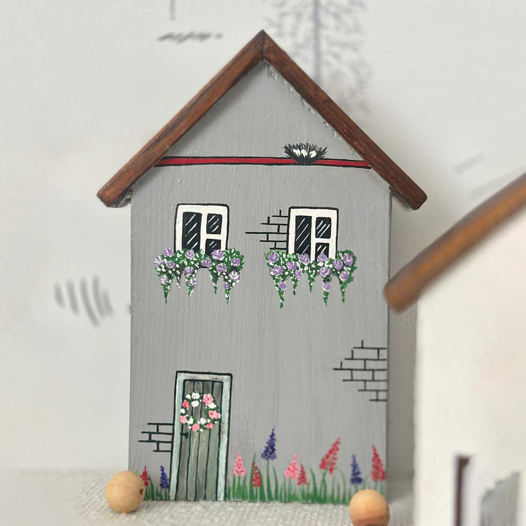 Handcrafted White And Grey Miniature Houses Wooden Table Decor For Christmas Decoration | Set Of 4