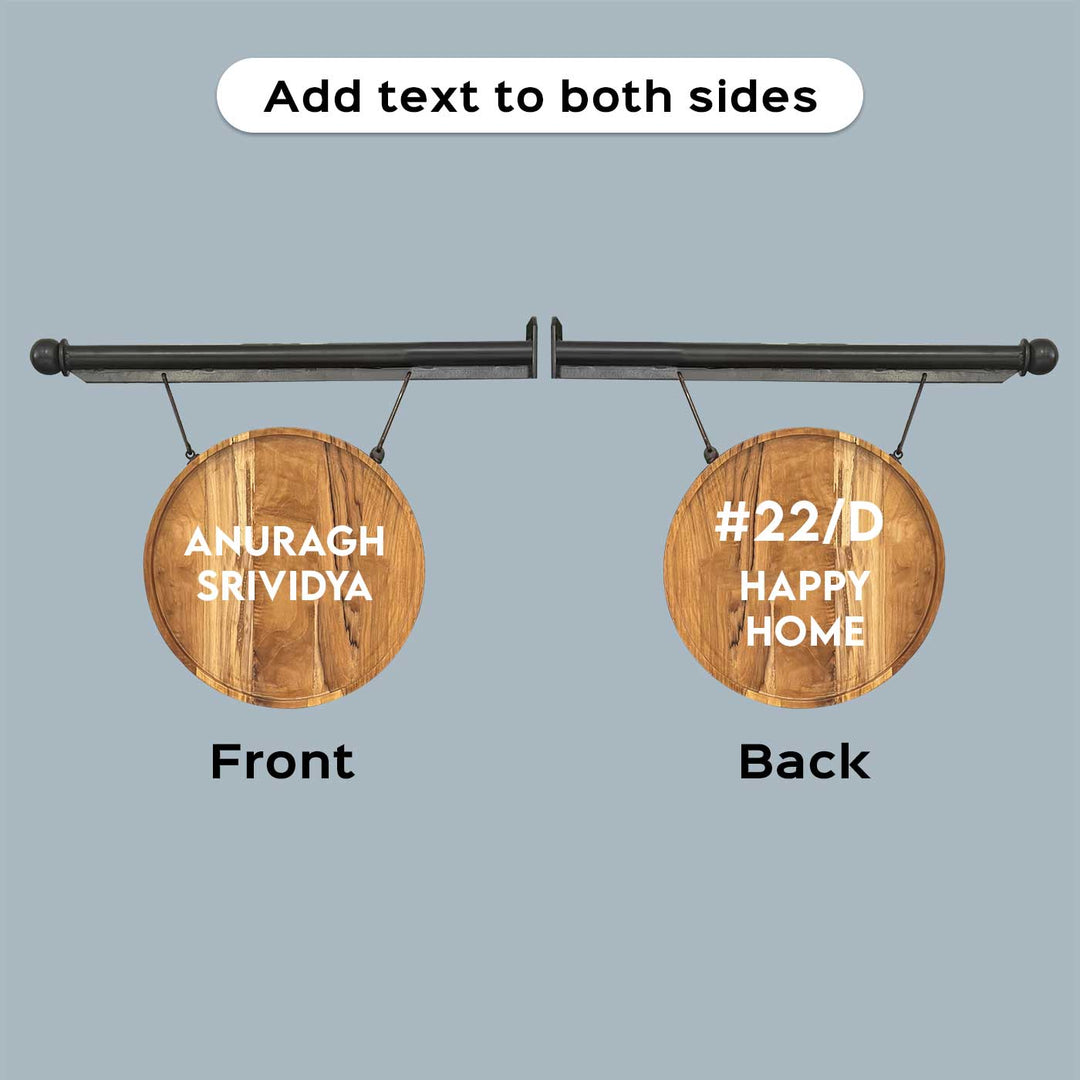 Premium Double Sided Teak Wood Hanging Name Plate With Iron Bracket - Front and Back View Showing Text
