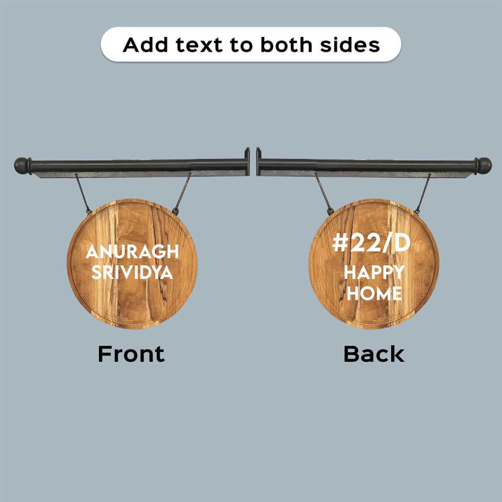 Premium Double Sided Teak Wood Hanging Name Plate With Iron Bracket - Front and Back View Showing Text