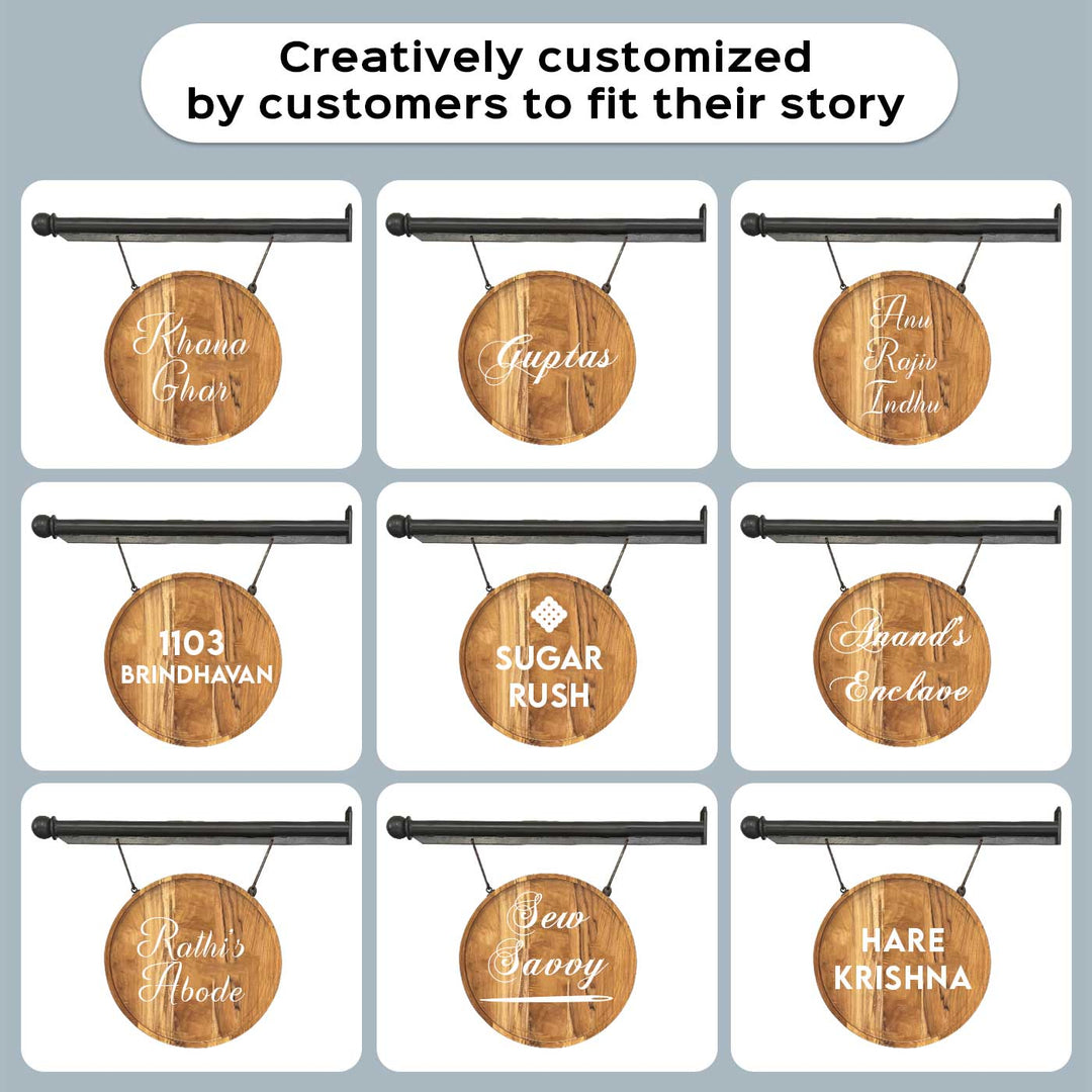 Premium Double Sided Teak Wood Hanging Name Plate With Iron Bracket - Front View Hanging from Rod