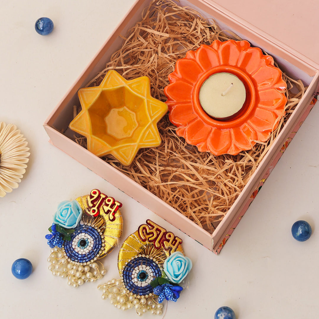 Handcrafted Ceramic Shubh Drishti Glow Diwali Gift Hamper With Tealight Holder, Nakshatra Diya And Shubh Labh Stickers
