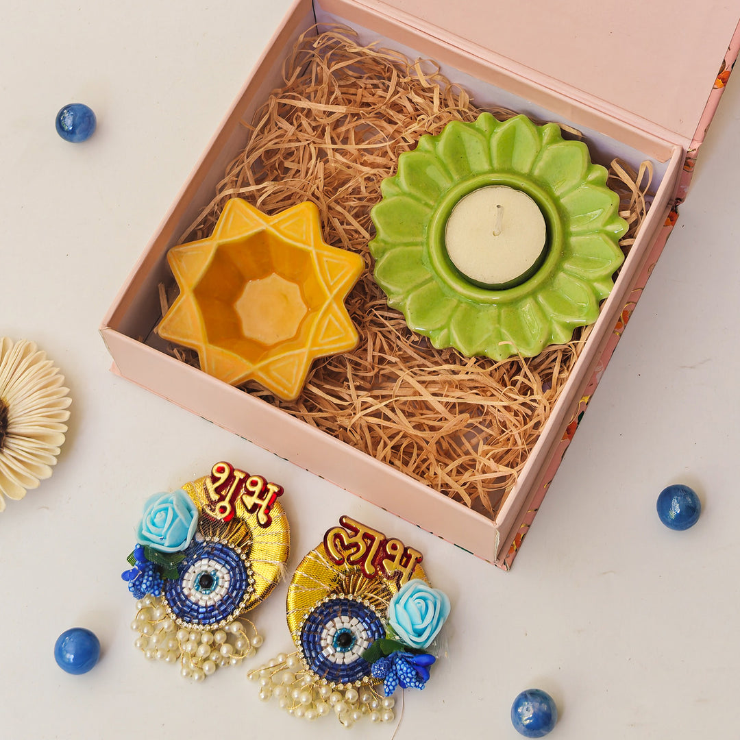 Handcrafted Ceramic Shubh Drishti Glow Diwali Gift Hamper With Tealight Holder, Nakshatra Diya And Shubh Labh Stickers