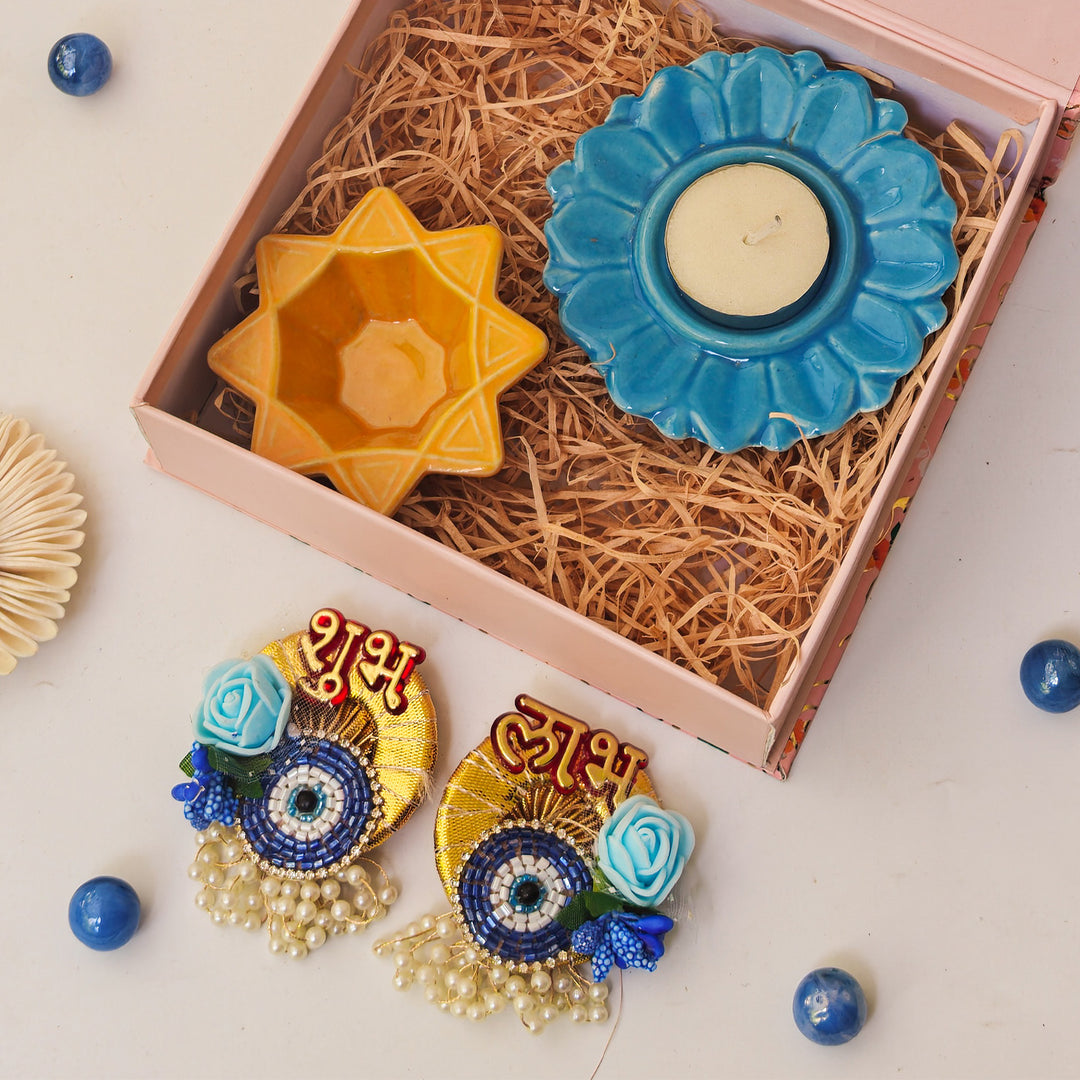 Handcrafted Ceramic Shubh Drishti Glow Diwali Gift Hamper With Tealight Holder, Nakshatra Diya And Shubh Labh Stickers