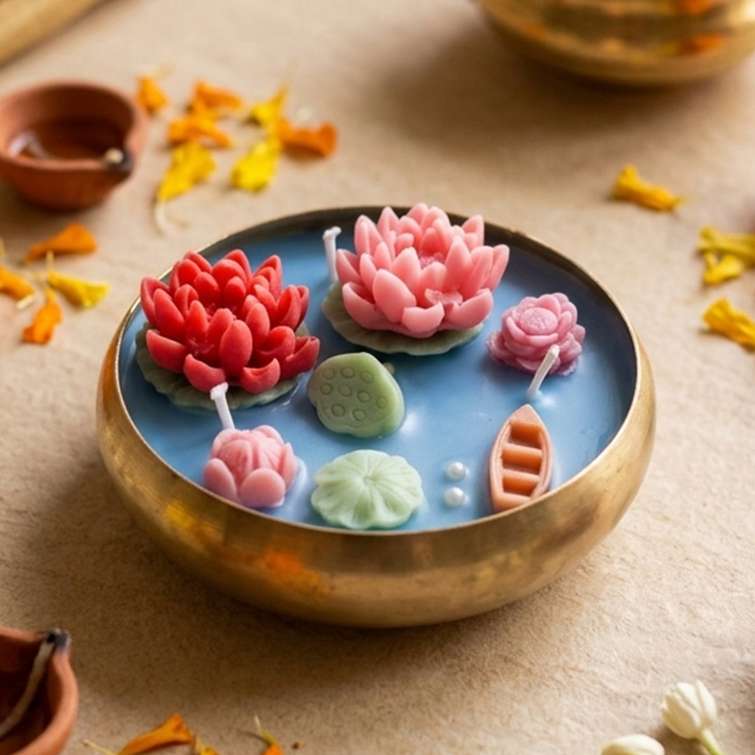 Handmade Shubha Lotus Pond Design Metal Urli Soy Wax Scented Candle For Festive Decor