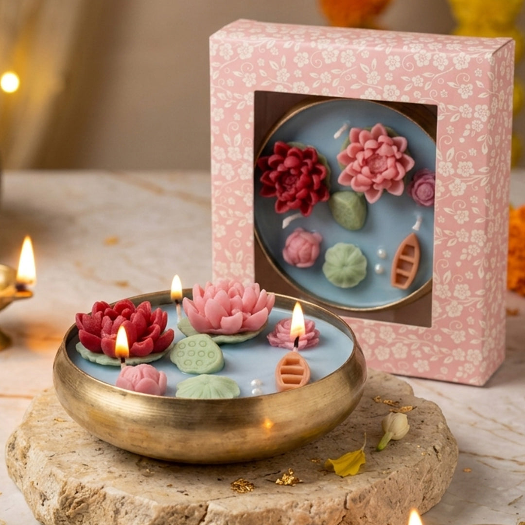 Handmade Shubha Lotus Pond Design Metal Urli Soy Wax Scented Candle For Festive Decor