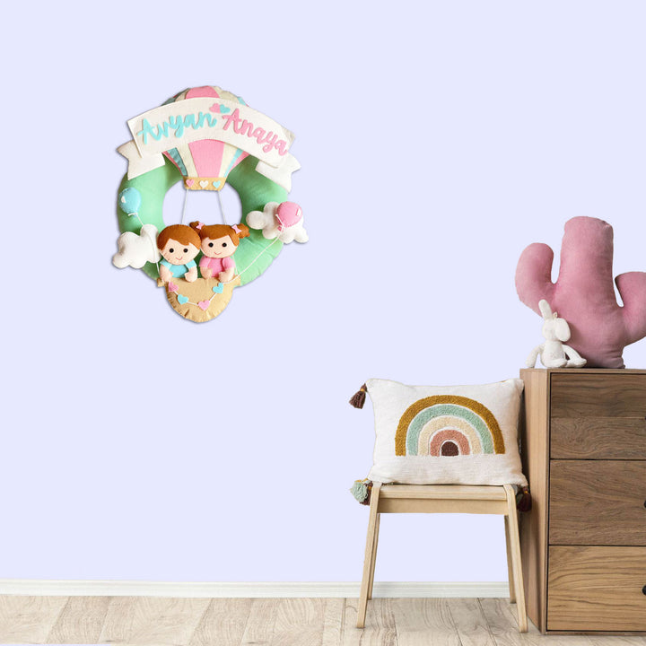 Personalized Felt Parachute Name Plate For Siblings - Mounted on Nursery Wall Above Chair