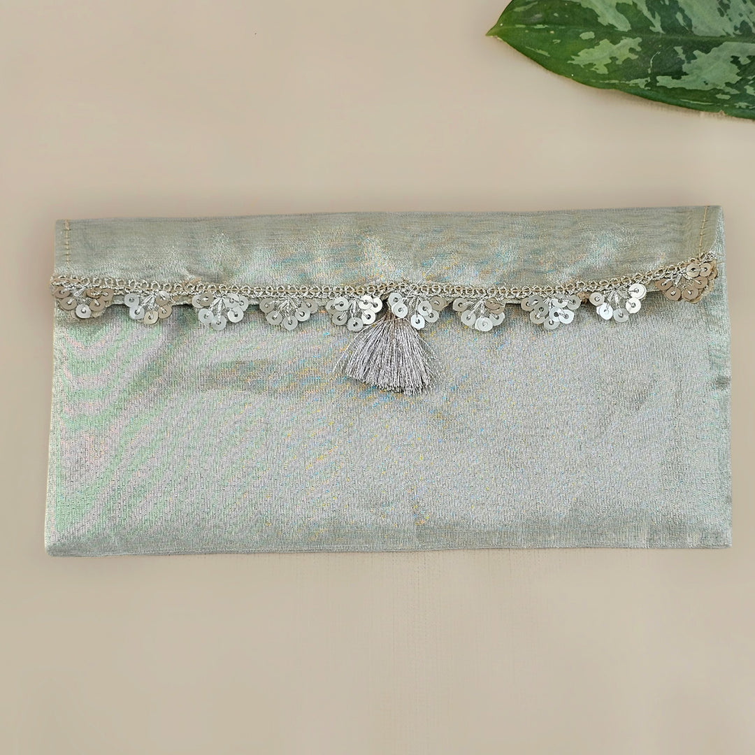Set Of 2 | "Scallop" Handcrafted Tissue Fabric Gift Envelopes With Gota Edging And Tassel Detailing For Festive Gifting