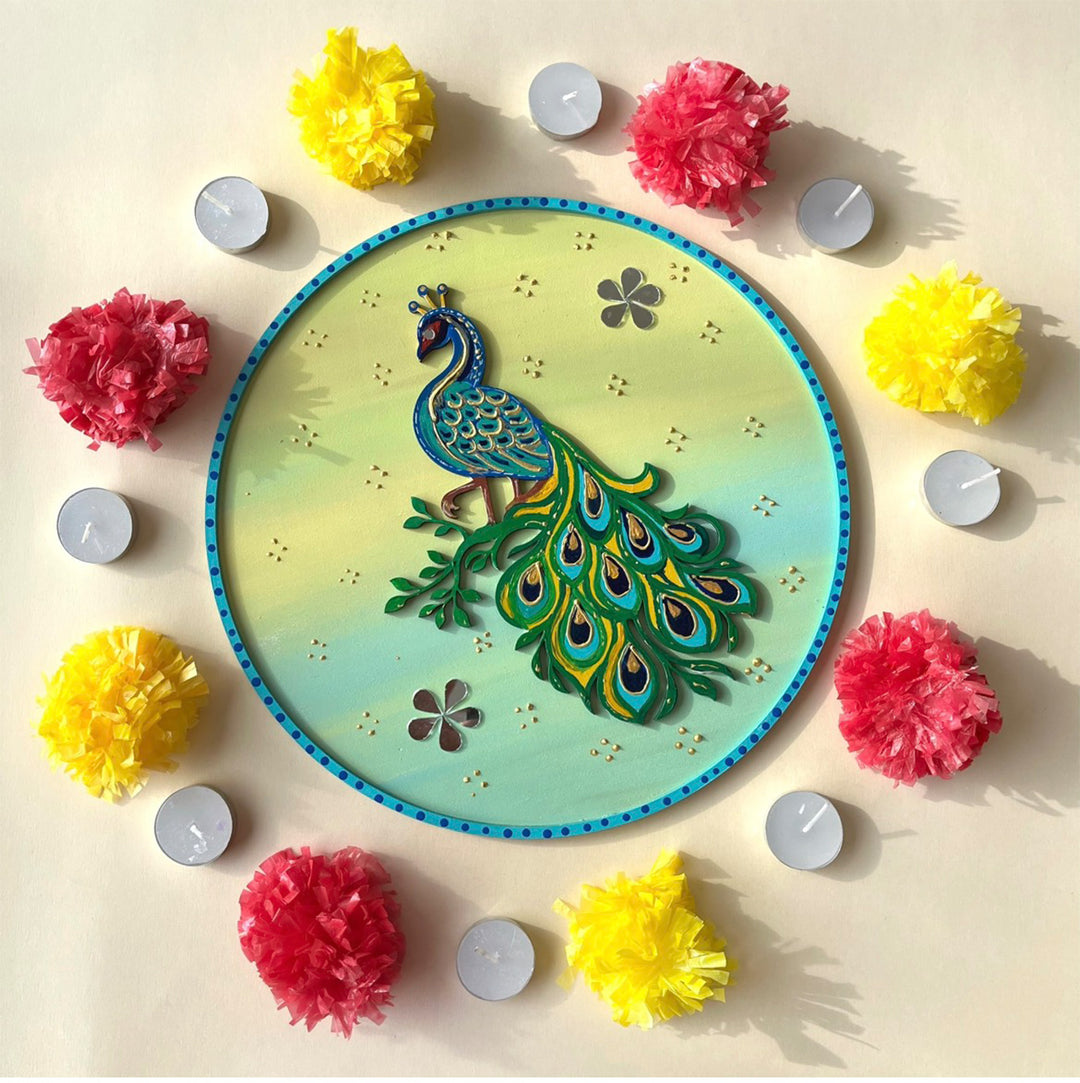 Hand-Painted Peacock Garden Round Rangoli For Festive Decor