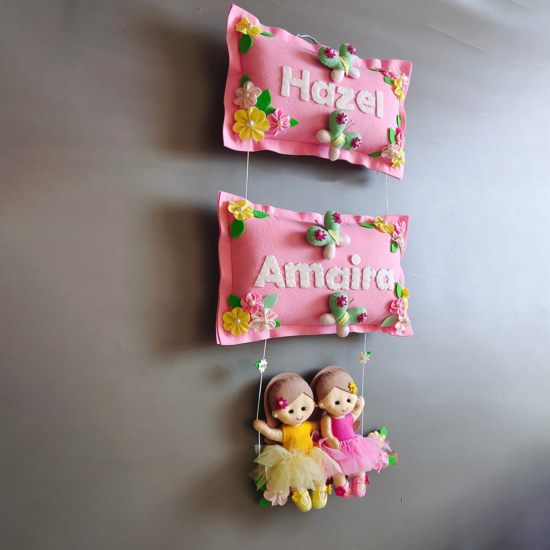Hand-stitched Pillow & Bird Themed Felt Kids Nameplate with Swing