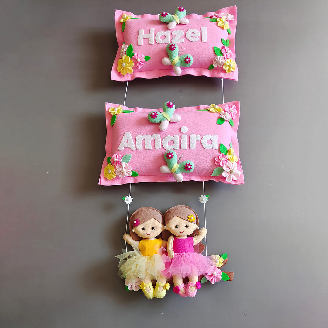 Hand-stitched Pillow & Bird Themed Felt Kids Nameplate with Swing