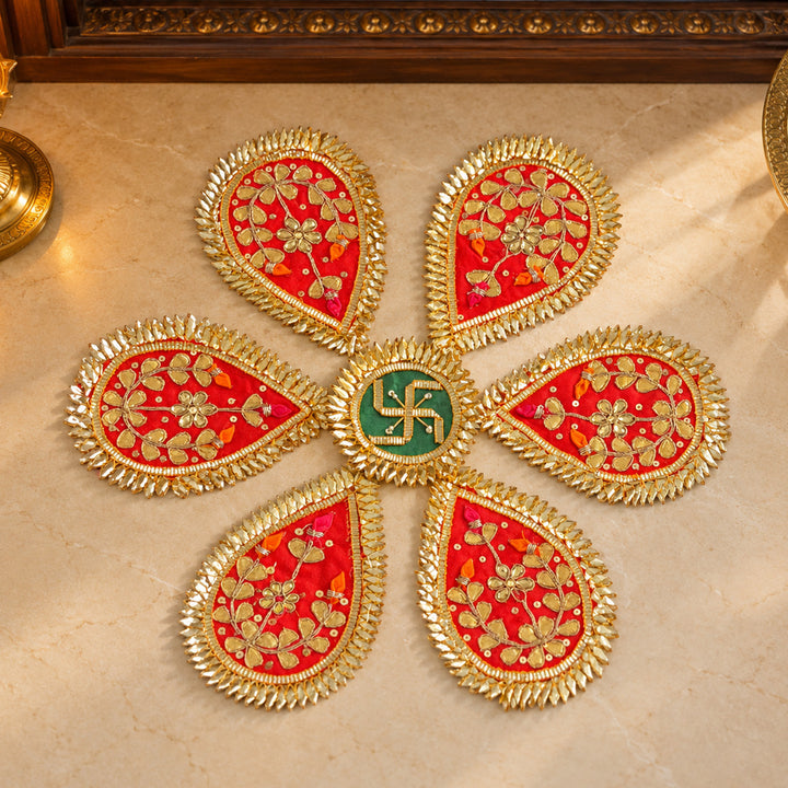 7 Pc | Handmade Neerja Gota Patti Red Floral Swastik Rangoli for Pooja & Festive Decor