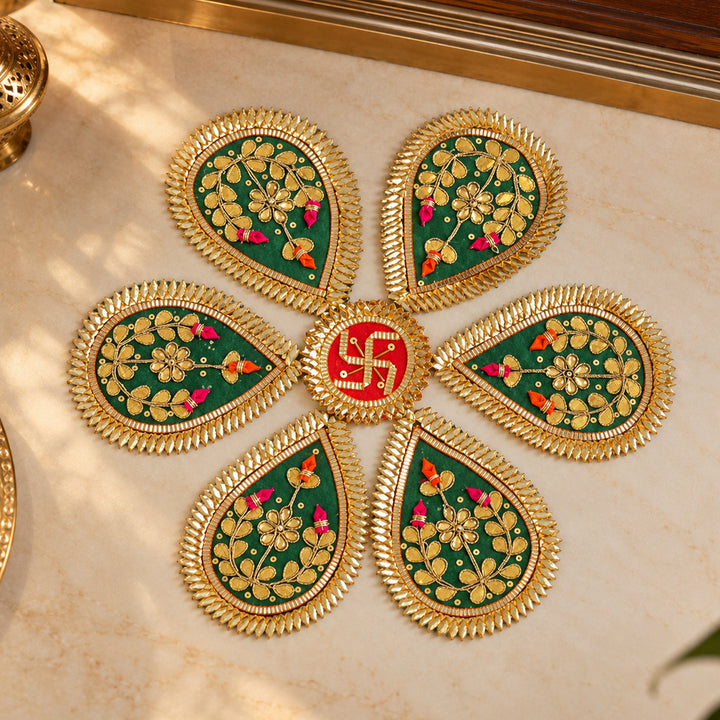 7 Pc | Handmade Barkha Gota Patti Green Floral Swastik Rangoli for Pooja & Festive Decor