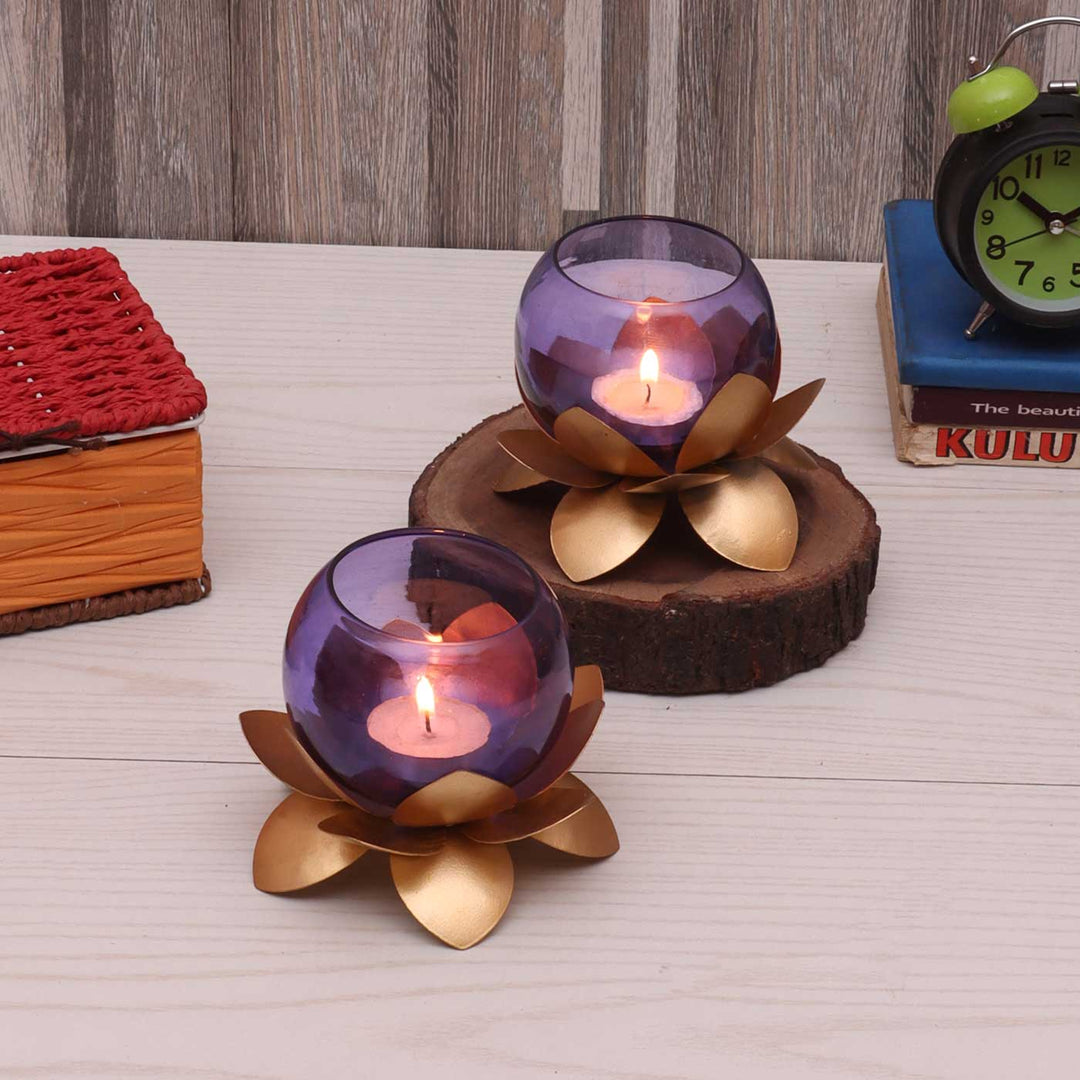 Handmade Lotus & Purple Cover Metal & Glass Tealight Holder | Set of 2