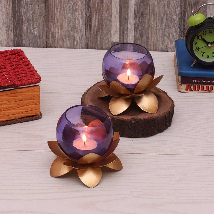 Handmade Lotus & Purple Cover Metal & Glass Tealight Holder | Set of 2