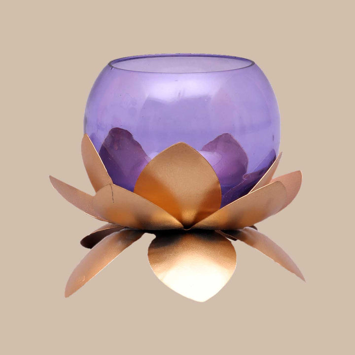 Handmade Lotus & Purple Cover Metal & Glass Tealight Holder | Set of 2