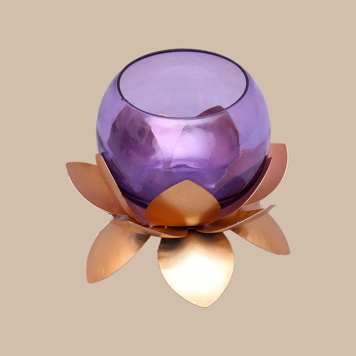 Handmade Lotus & Purple Cover Metal & Glass Tealight Holder | Set of 2
