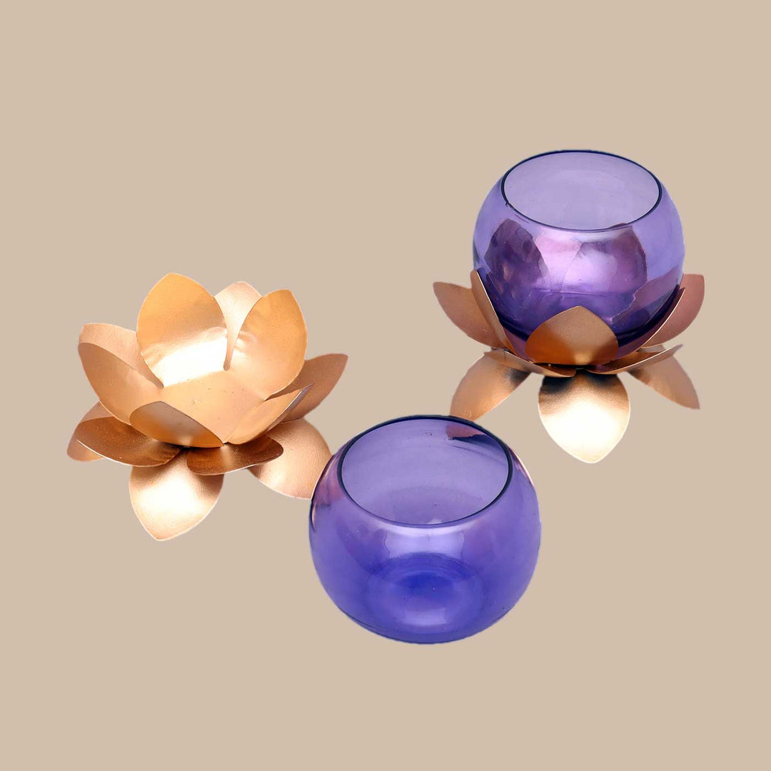 Handmade Lotus & Purple Cover Metal & Glass Tealight Holder | Set of 2
