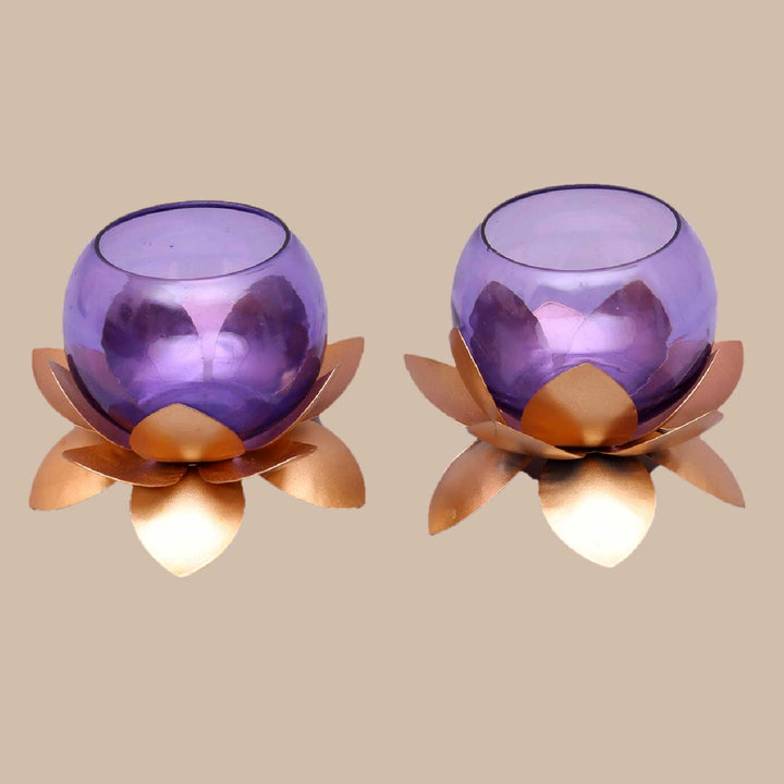 Handmade Lotus & Purple Cover Metal & Glass Tealight Holder | Set of 2