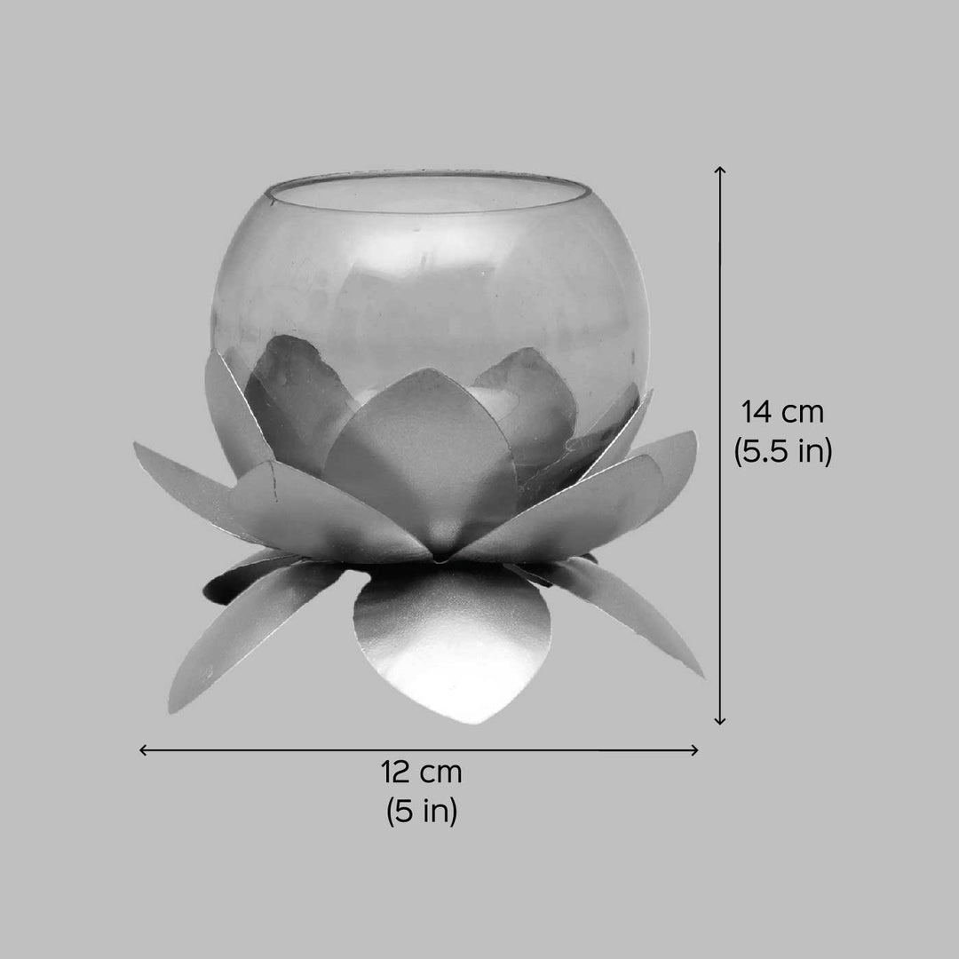 Handmade Lotus & Purple Cover Metal & Glass Tealight Holder | Set of 2