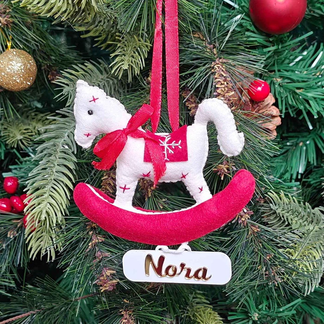 Personalized Handmade Snowy Rocking Horse Felt Ornament