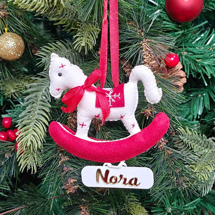 Personalized Handmade Snowy Rocking Horse Felt Ornament